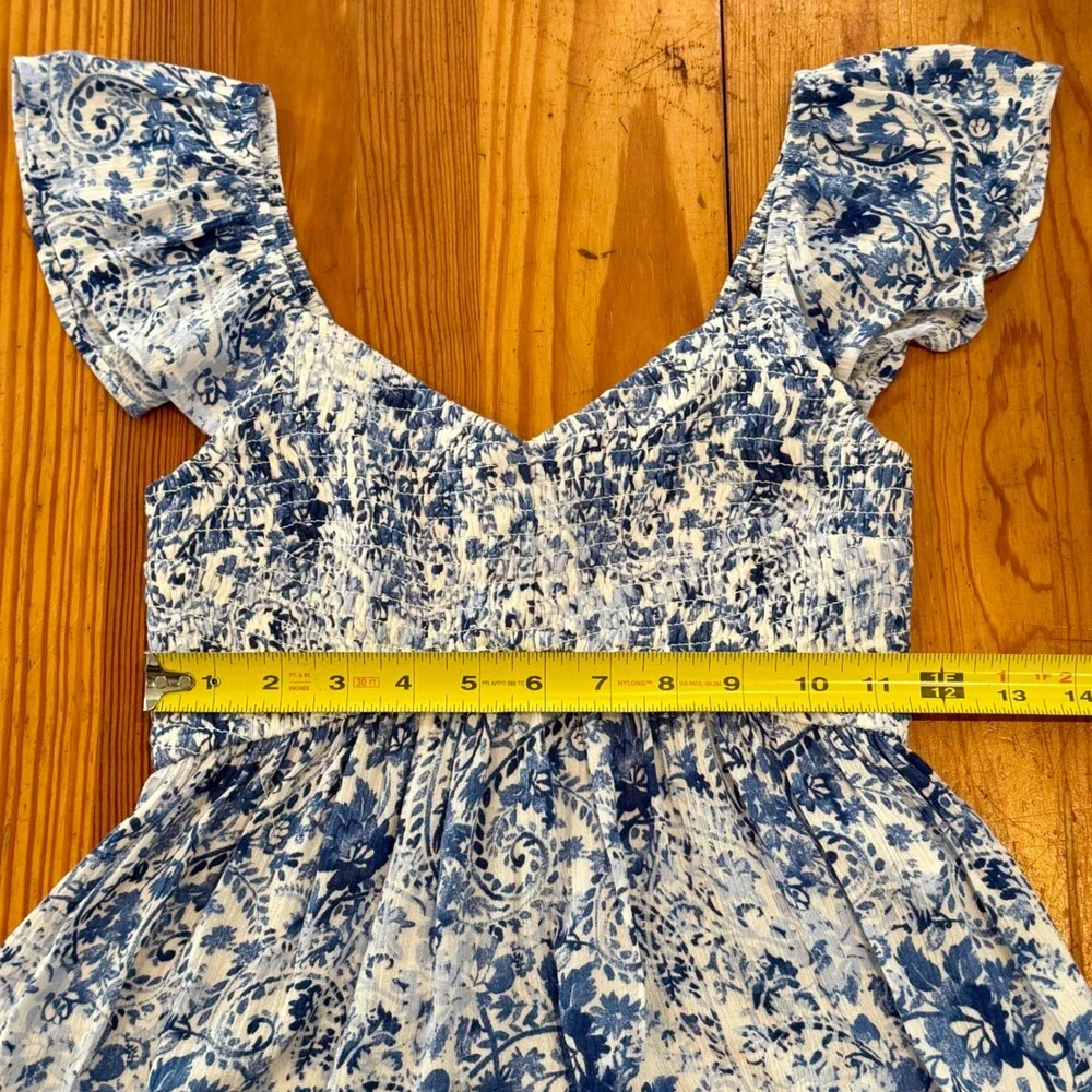 Hollister Blue White Floral Smocked Peplum Top Ruffle Sleeve XS 340F2887 - Picture 3 of 8